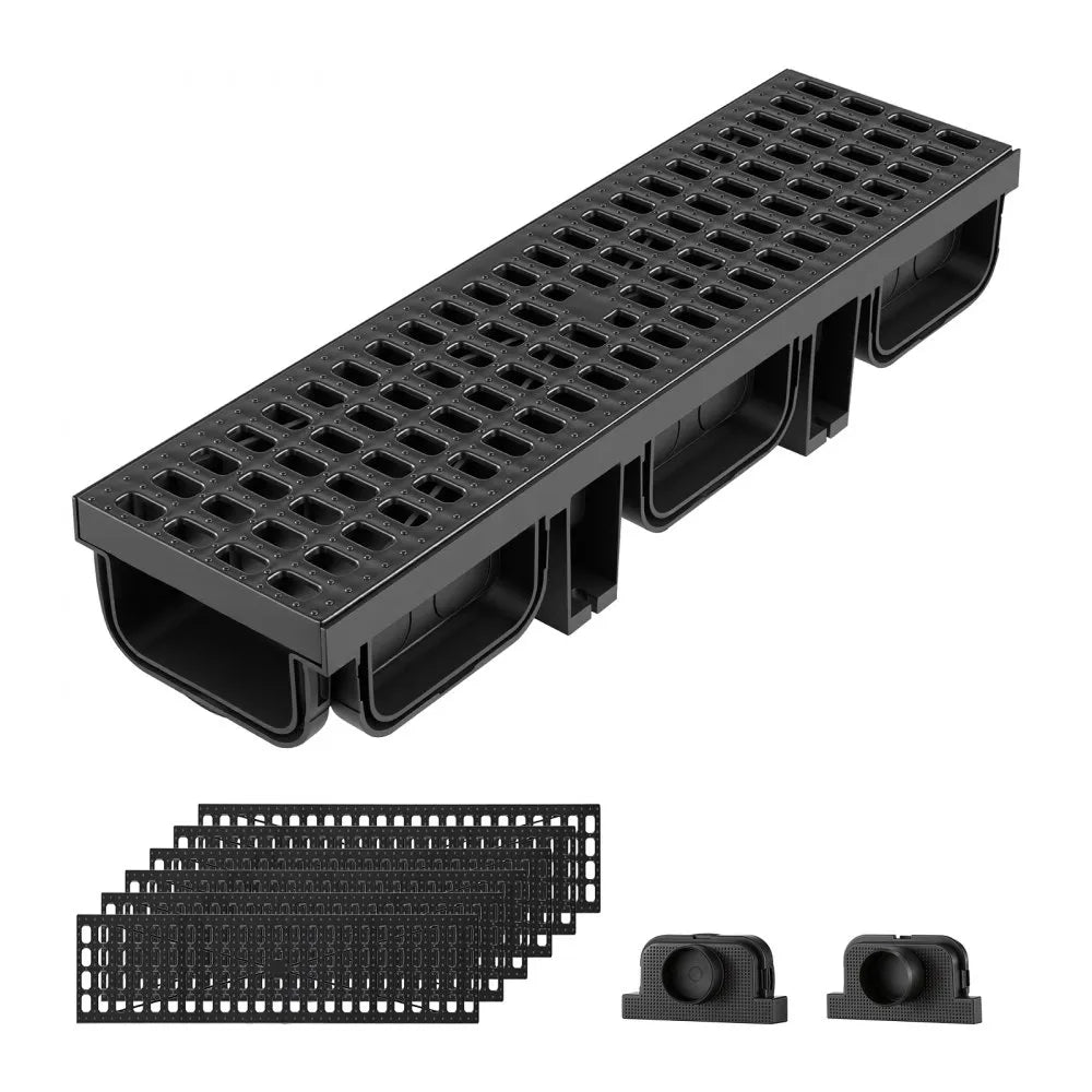 Trench Drain 6-Pack Linear Drainage Channel System with Grates & End Caps | HDPE Outdoor Drain for Driveways, Patios & Gardens