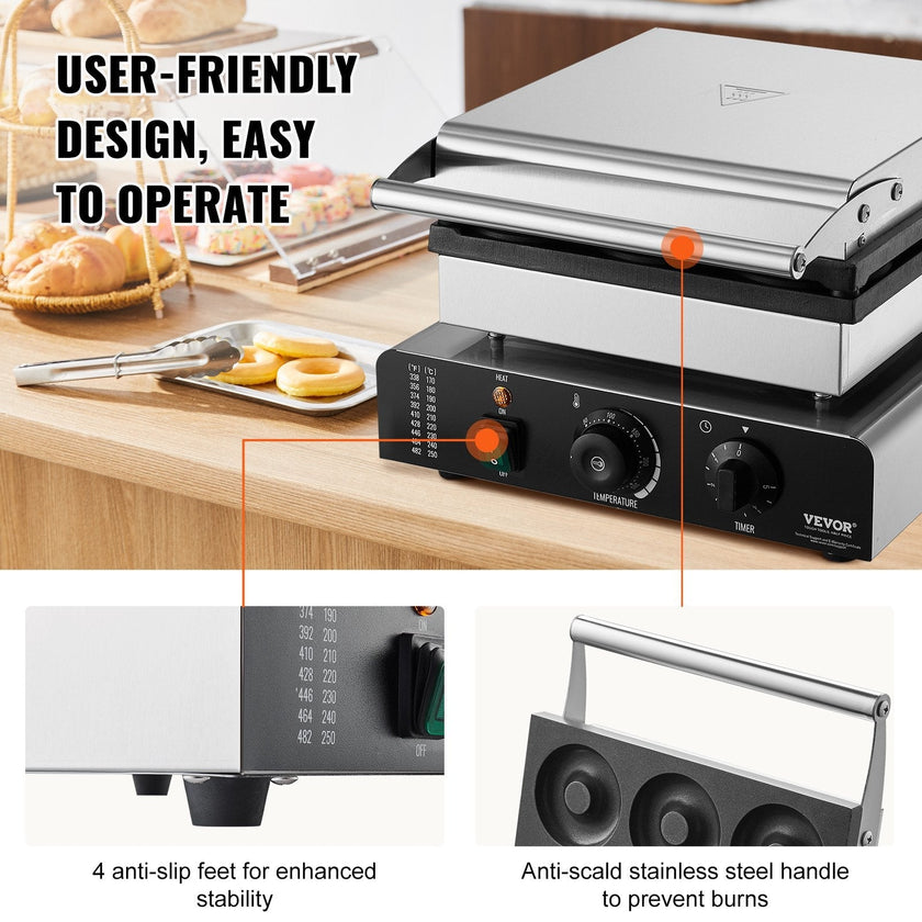 VEVOR Electric Donut Maker, 2000W Commercial Doughnut Machine with Non-stick Surface, 9 Holes Double-Sided Heating Waffle Machine Makes 9 Doughnuts, Temperature 122-572?, for Restaurant and Home Use
