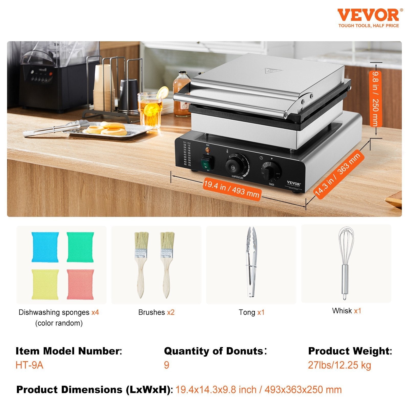 VEVOR Electric Donut Maker, 2000W Commercial Doughnut Machine with Non-stick Surface, 9 Holes Double-Sided Heating Waffle Machine Makes 9 Doughnuts, Temperature 122-572?, for Restaurant and Home Use