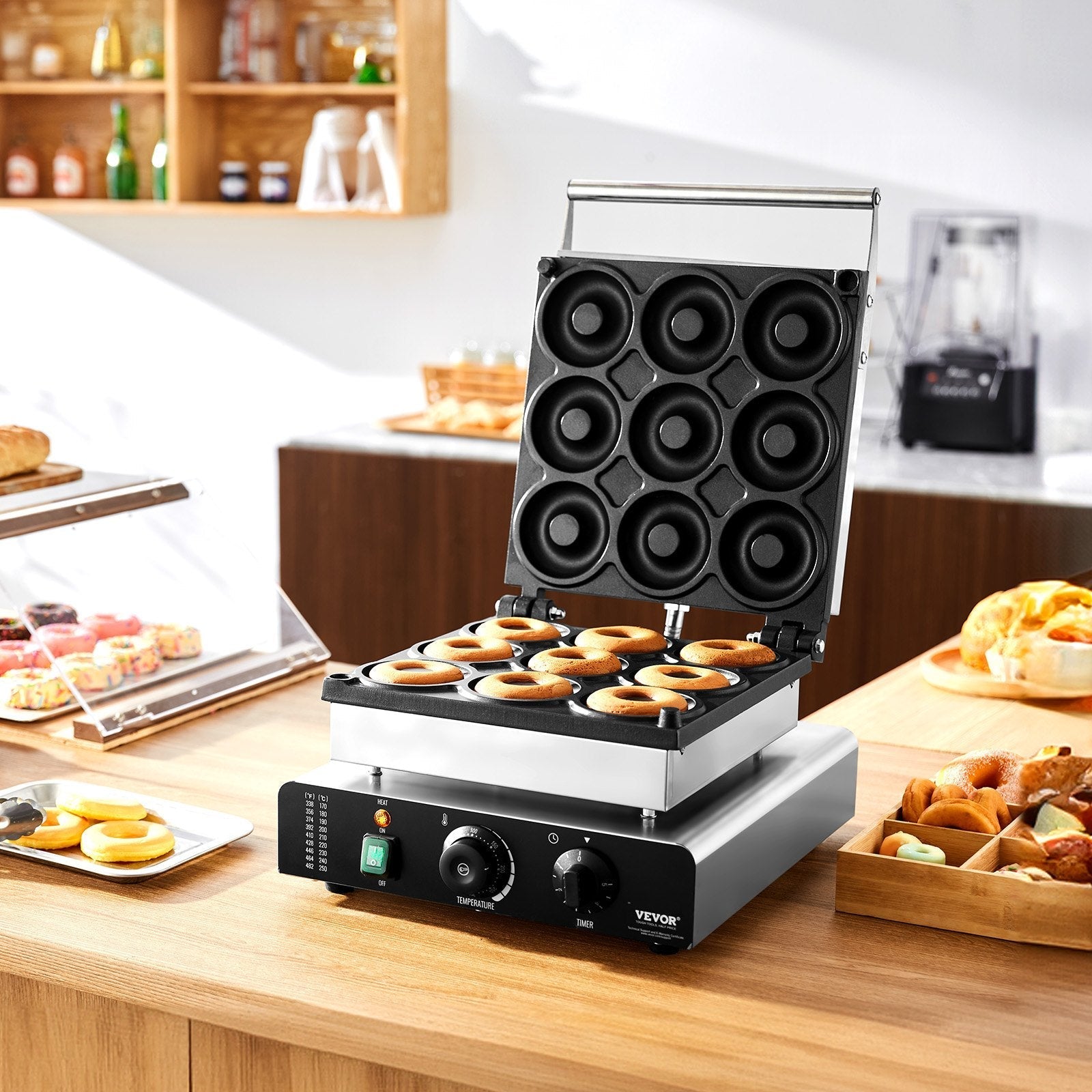 VEVOR Electric Donut Maker, 2000W Commercial Doughnut Machine with Non-stick Surface, 9 Holes Double-Sided Heating Waffle Machine Makes 9 Doughnuts, Temperature 122-572?, for Restaurant and Home Use