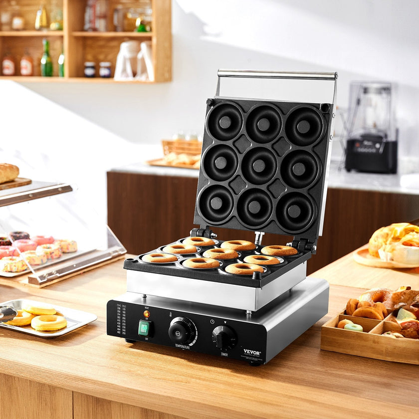 VEVOR Electric Donut Maker, 2000W Commercial Doughnut Machine with Non-stick Surface, 9 Holes Double-Sided Heating Waffle Machine Makes 9 Doughnuts, Temperature 122-572?, for Restaurant and Home Use