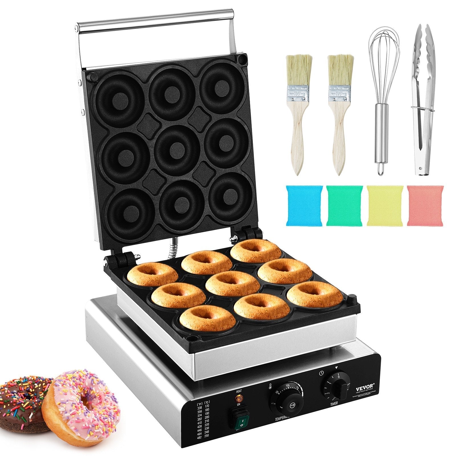 VEVOR Electric Donut Maker, 2000W Commercial Doughnut Machine with Non-stick Surface, 9 Holes Double-Sided Heating Waffle Machine Makes 9 Doughnuts, Temperature 122-572?, for Restaurant and Home Use