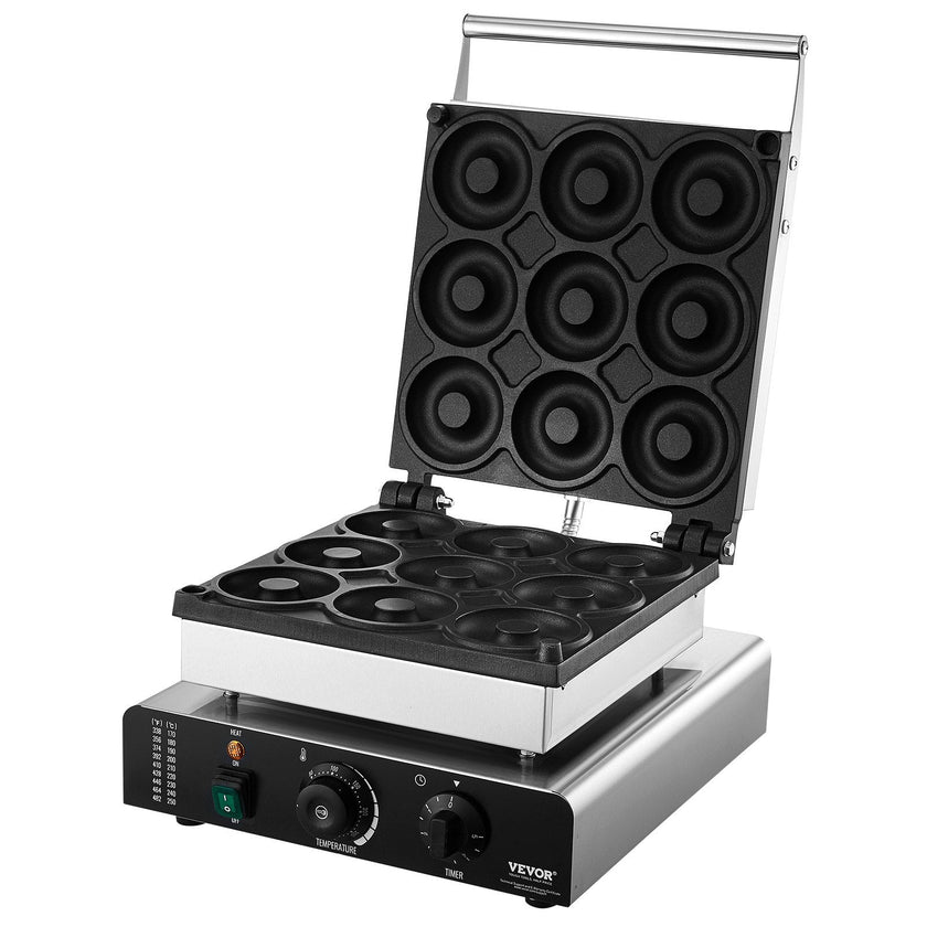 VEVOR Electric Donut Maker, 2000W Commercial Doughnut Machine with Non-stick Surface, 9 Holes Double-Sided Heating Waffle Machine Makes 9 Doughnuts, Temperature 122-572?, for Restaurant and Home Use