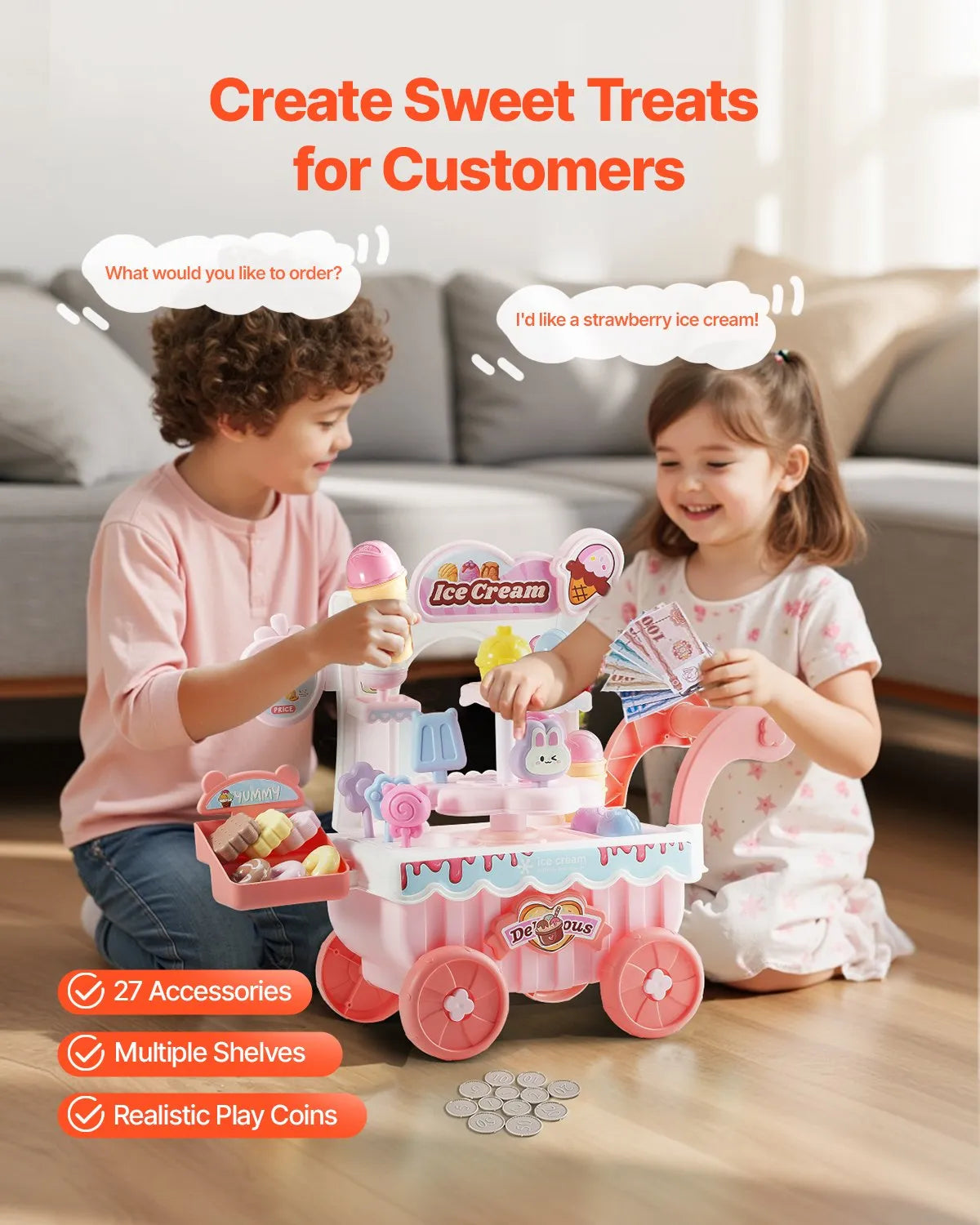VEVOR Ice Cream Cart for Kids Pretend Play Ice Cream Shop for Kids Aged 3+ Pink