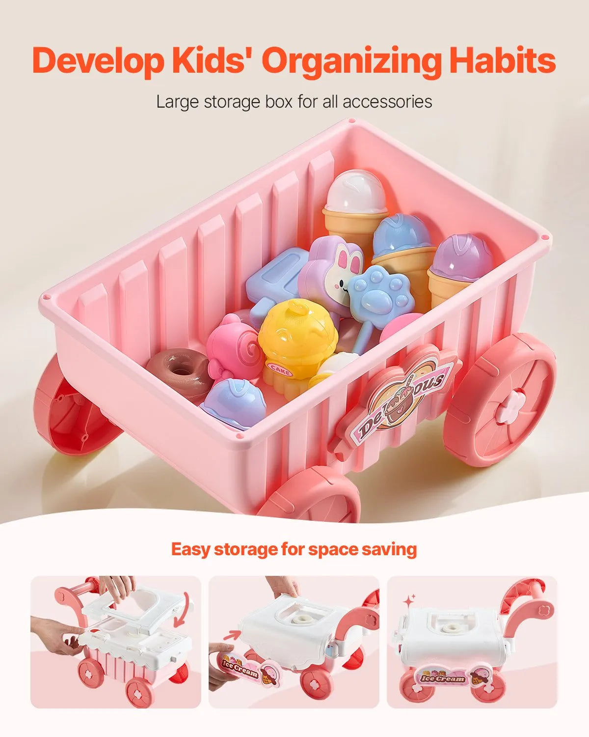 VEVOR Ice Cream Cart for Kids Pretend Play Ice Cream Shop for Kids Aged 3+ Pink
