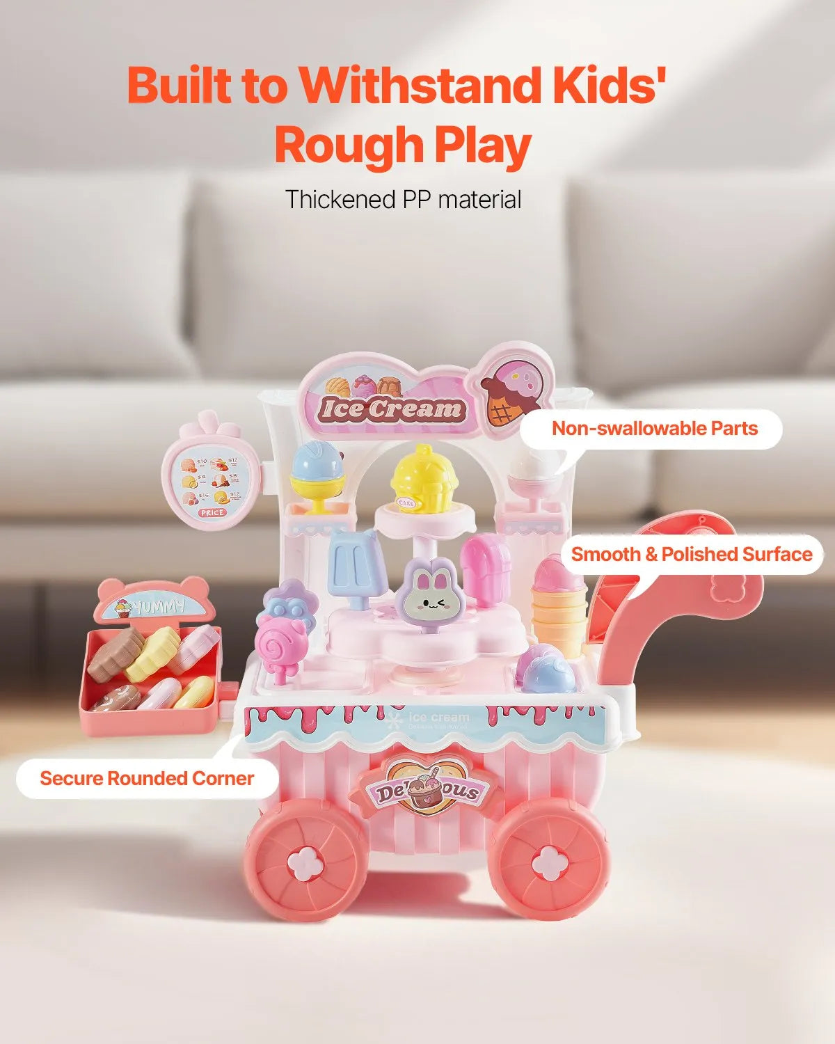 VEVOR Ice Cream Cart for Kids Pretend Play Ice Cream Shop for Kids Aged 3+ Pink