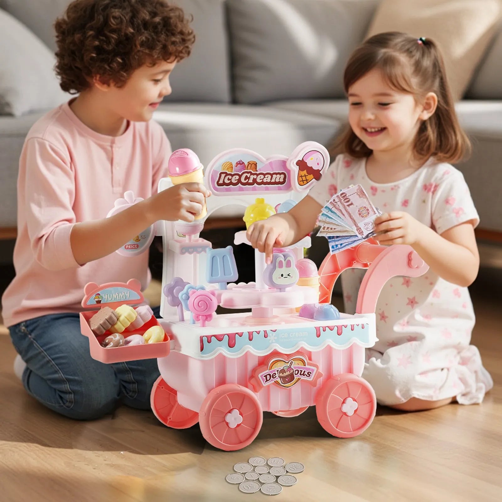 VEVOR Ice Cream Cart for Kids Pretend Play Ice Cream Shop for Kids Aged 3+ Pink