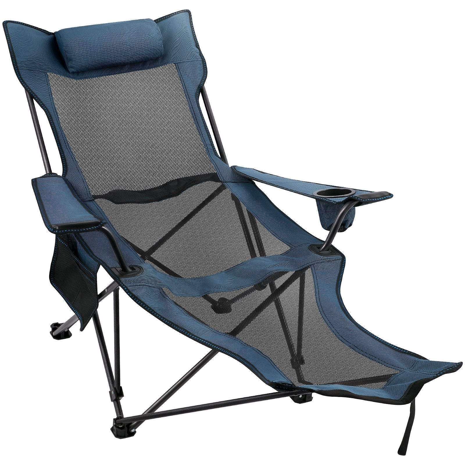 VEVOR Folding Camp Chair with Footrest Mesh, Portable Lounge Chair with Cup Holder and Storage Bag, for Camping Fishing and Other Outdoor Activities (Blue)