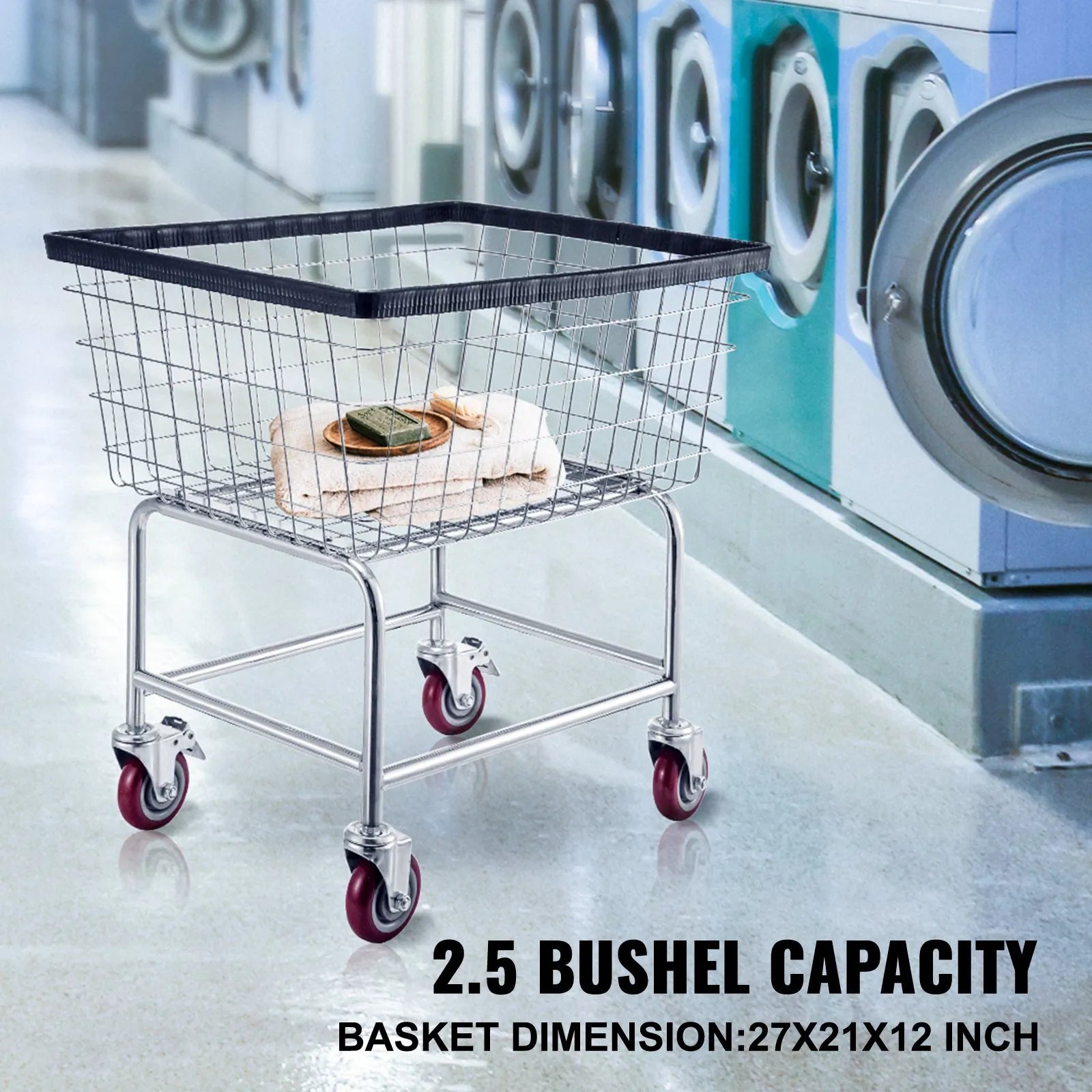 VEVOR Wire Laundry Cart, 2.5 Bushel Wire Laundry Basket with Wheels, 20''x15.7''x26'' Commercial Wire Laundry Basket Cart, Steel Frame with Chrome Finish, 4inch Casters, Wire Basket Cart For Laundry