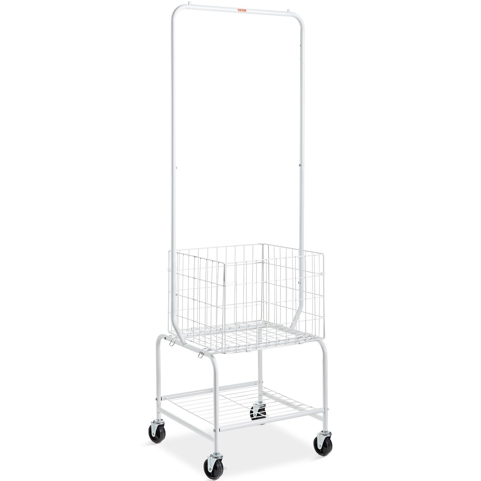 VEVOR Metal Rolling Laundry Basket with Hanging Garment Rack, Height Adjustment Laundry Hamper Cart with Basket Load and Shelf Load, Storage Organizer with Heavy Duty Lockable Wheels