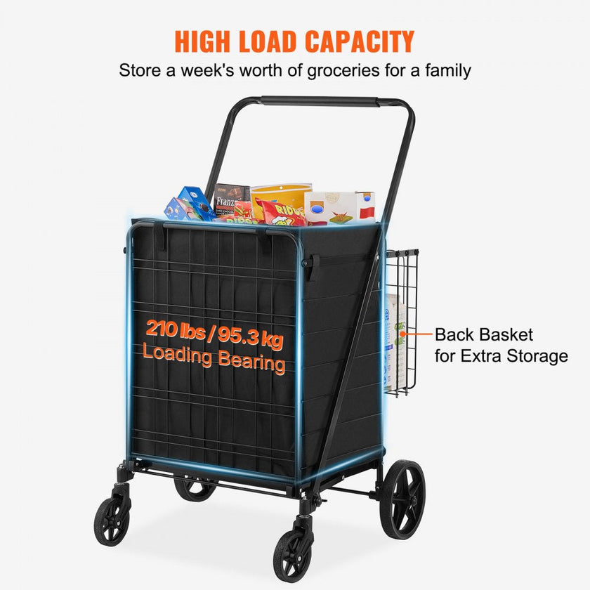 VEVOR Folding Shopping Cart with Removable Waterproof Liner, 330LBS Large Capacity Jumbo Grocery Cart with Dual Basket, 360° Swivel Wheels, Dense Metal Mesh Base, Heavy Duty Utility Cart for Shopping