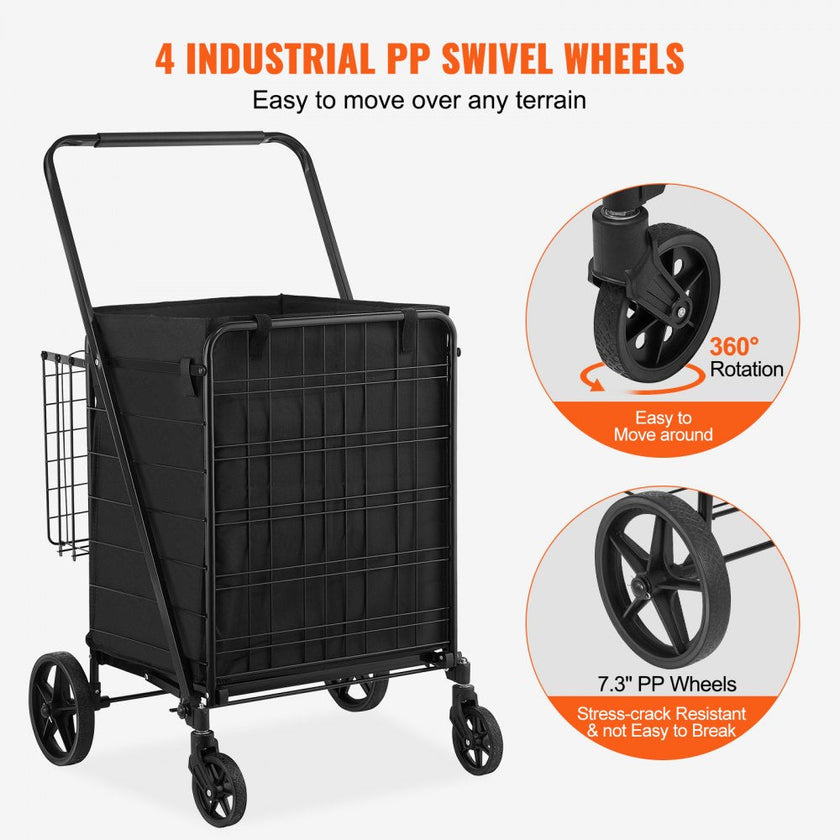 VEVOR Folding Shopping Cart with Removable Waterproof Liner, 330LBS Large Capacity Jumbo Grocery Cart with Dual Basket, 360° Swivel Wheels, Dense Metal Mesh Base, Heavy Duty Utility Cart for Shopping