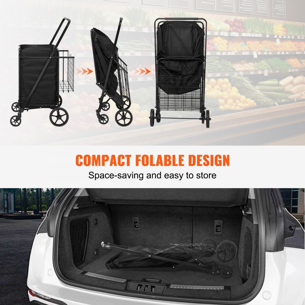 VEVOR Folding Shopping Cart with Removable Waterproof Liner, 330LBS Large Capacity Jumbo Grocery Cart with Dual Basket, 360° Swivel Wheels, Dense Metal Mesh Base, Heavy Duty Utility Cart for Shopping