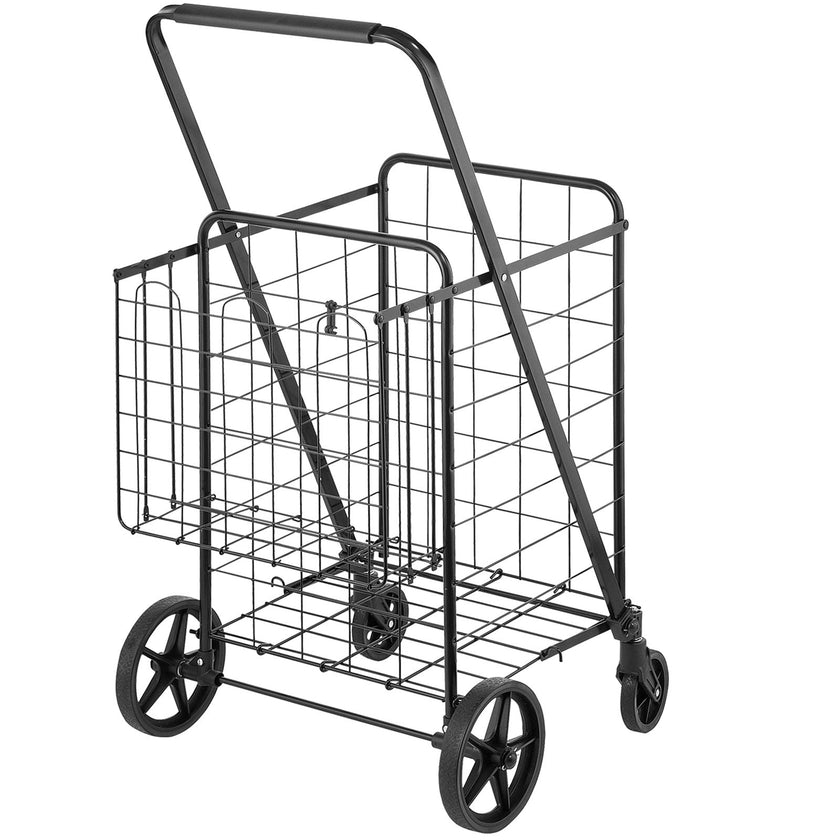 VEVOR Folding Shopping Cart, Jumbo Grocery Cart with Double Baskets, 360° Swivel Wheels, Heavy Duty Utility Cart, 110 LBS Large Capacity Utility Cart for Laundry, Shopping, Grocery, Luggage