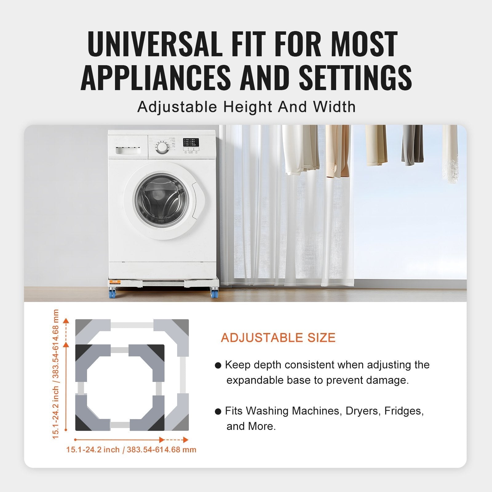 VEVOR Mini Fridge Stand Universal Laundry Pedestal, Adjustable Refrigerator Stand with Smooth Casters, Washing Machine Pedestal Multi-Functional Base for Washer And Dryer, 15