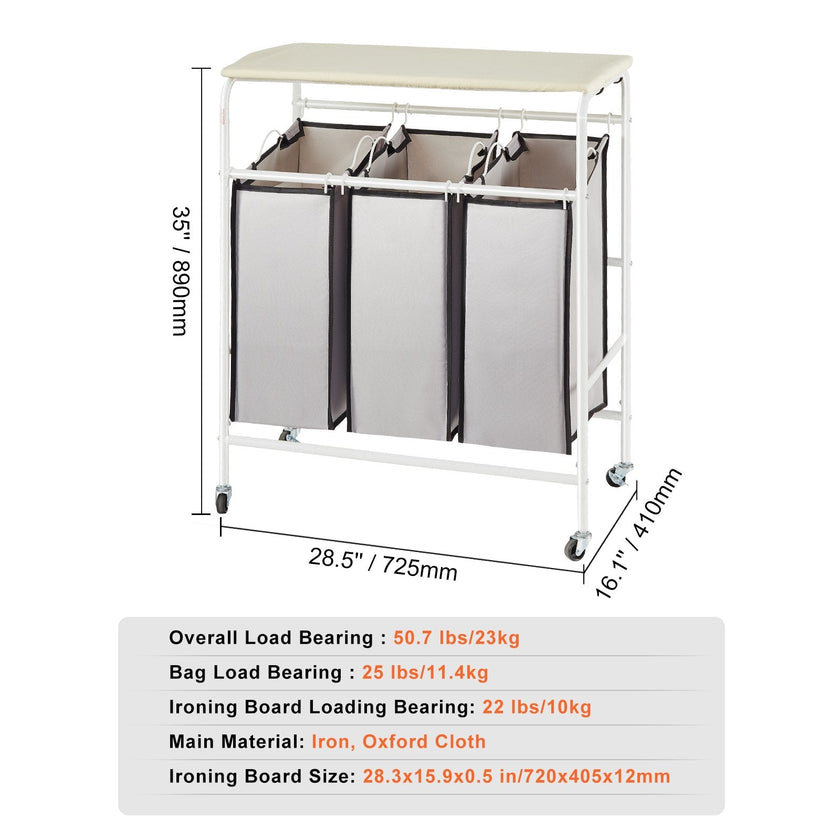 VEVOR 3-Section Laundry Sorter Cart with Ironing Board, Laundry Hamper with Heavy Duty Lockable Wheels and 3 Removable Bag, Rolling Laundry Basket Sorter for Clothes Storage