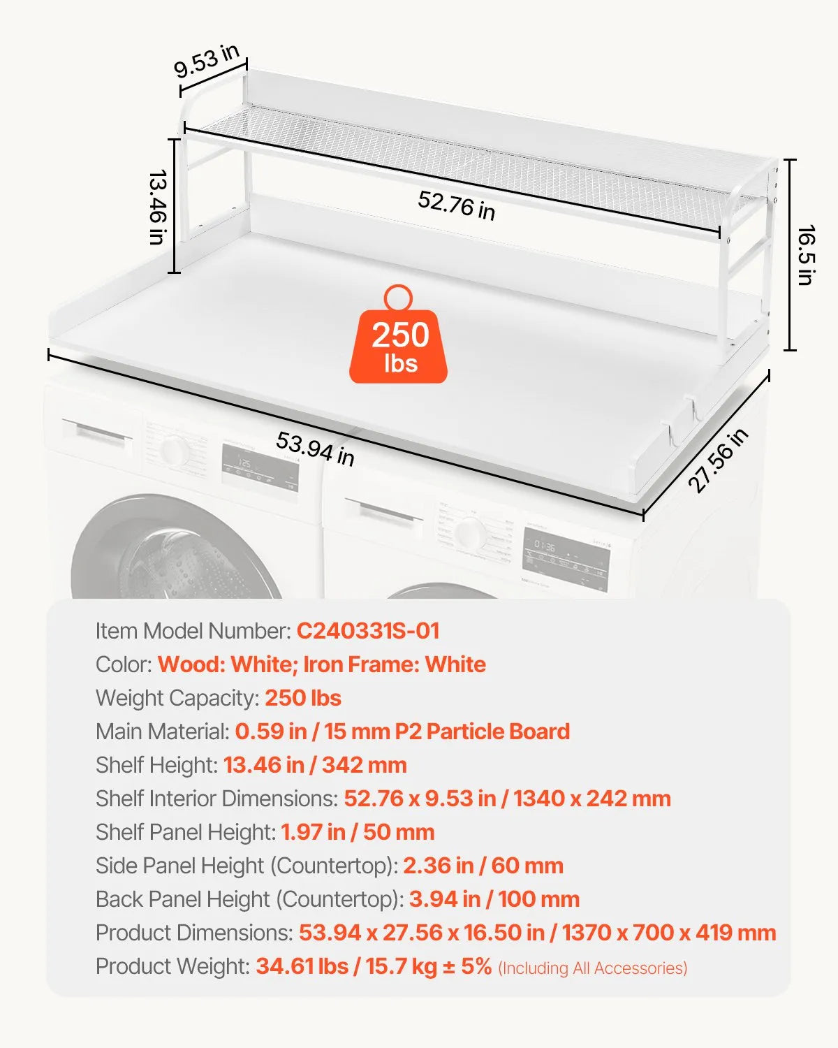 VEVOR Washer Dryer Countertop with Shelf 54