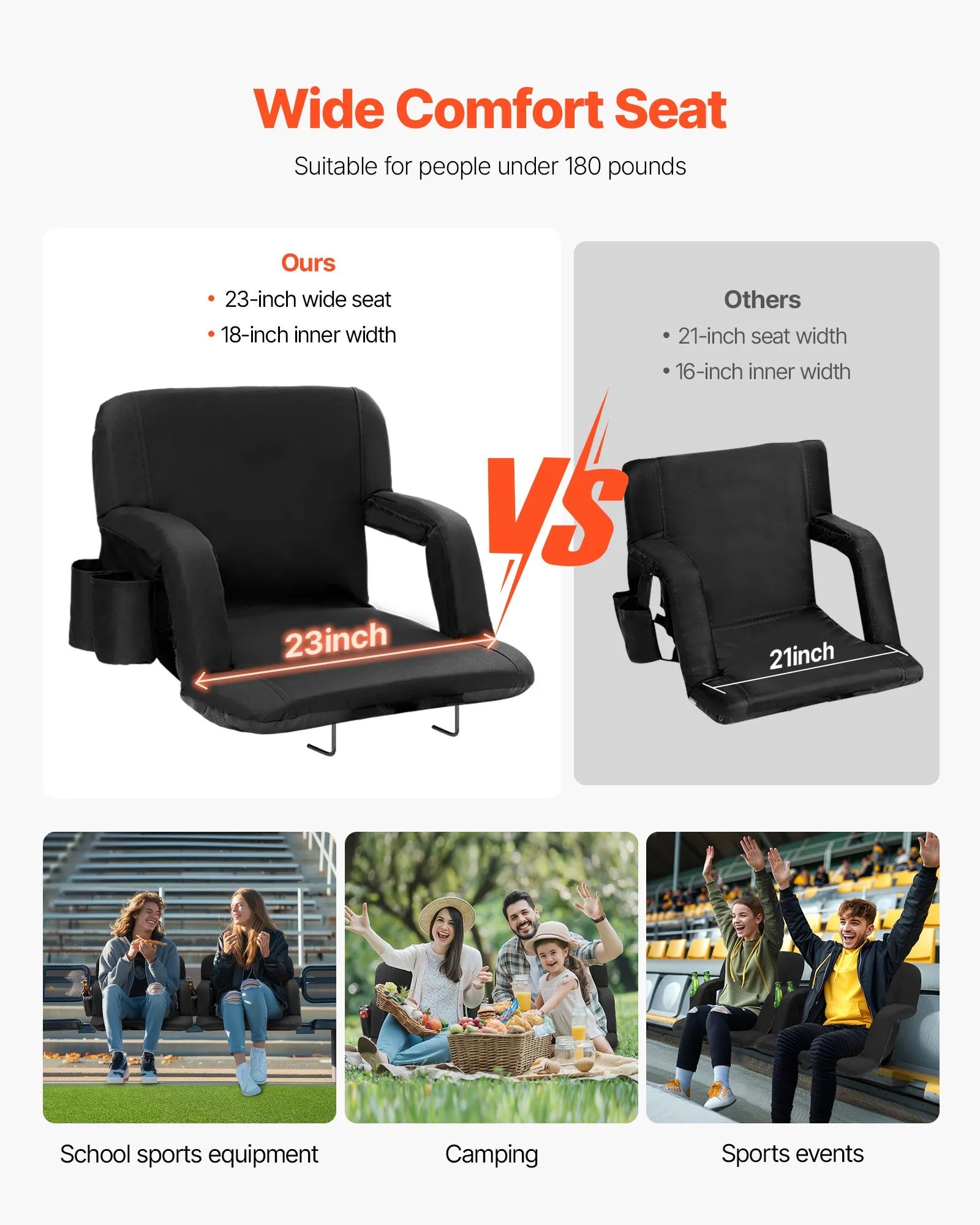 VEVOR Stadium Seat with Back Support, Wide Bleacher Seat Backs, Folding Padded Cushion Stadium Chair, Portable Reclining Chairs with Hook Pocket Cupholder, Ideal for Sport Event Beach Concert (2 Set)