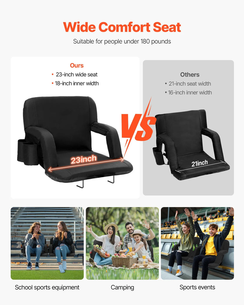 VEVOR Stadium Seat with Back Support, Wide Bleacher Seat Backs, Folding Padded Cushion Stadium Chair, Portable Reclining Chairs with Hook Pocket Cupholder, Ideal for Sport Event Beach Concert (2 Set)