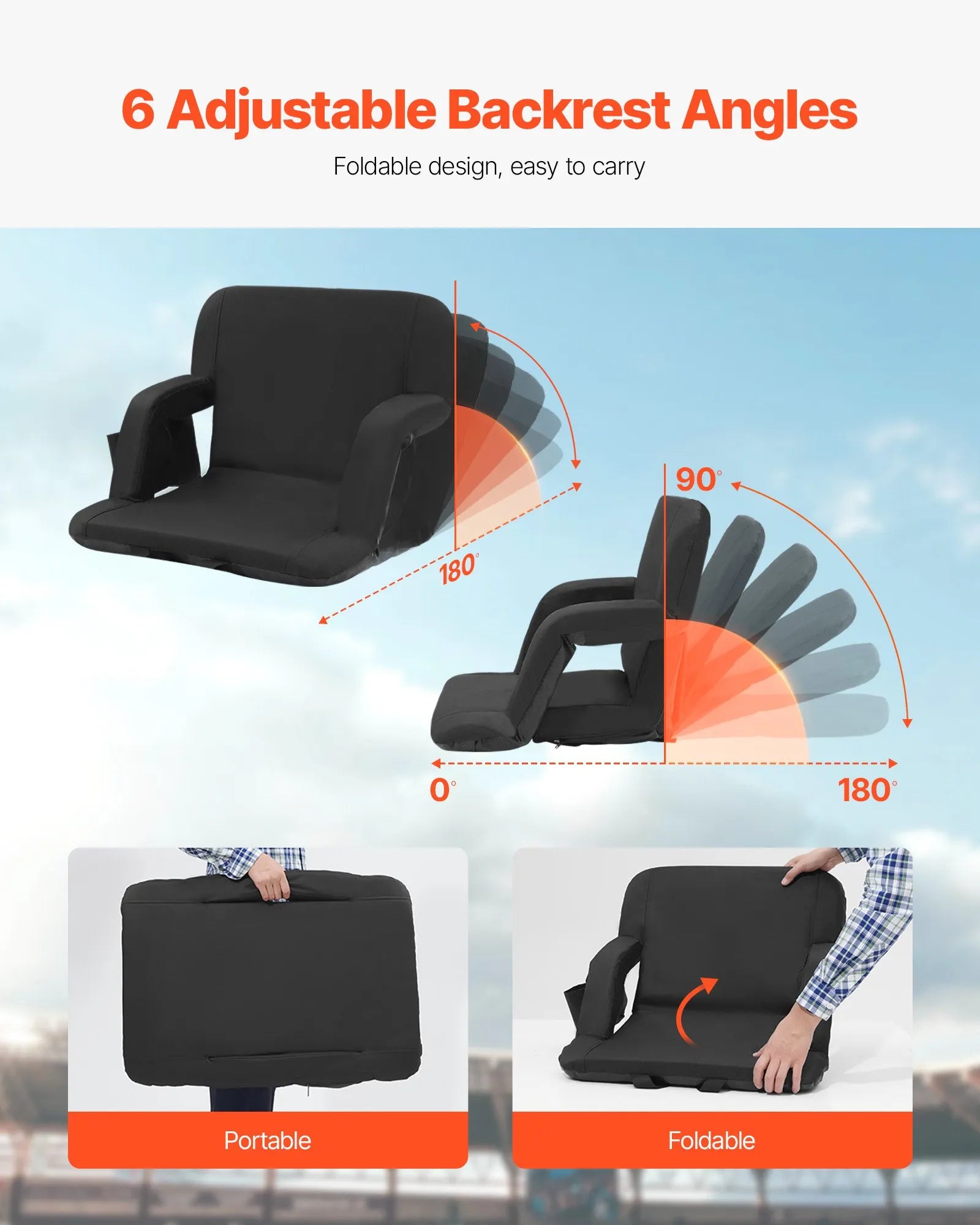 VEVOR Stadium Seat with Back Support, Wide Bleacher Seat Backs, Folding Padded Cushion Stadium Chair, Portable Reclining Chairs with Hook Pocket Cupholder, Ideal for Sport Event Beach Concert (2 Set)