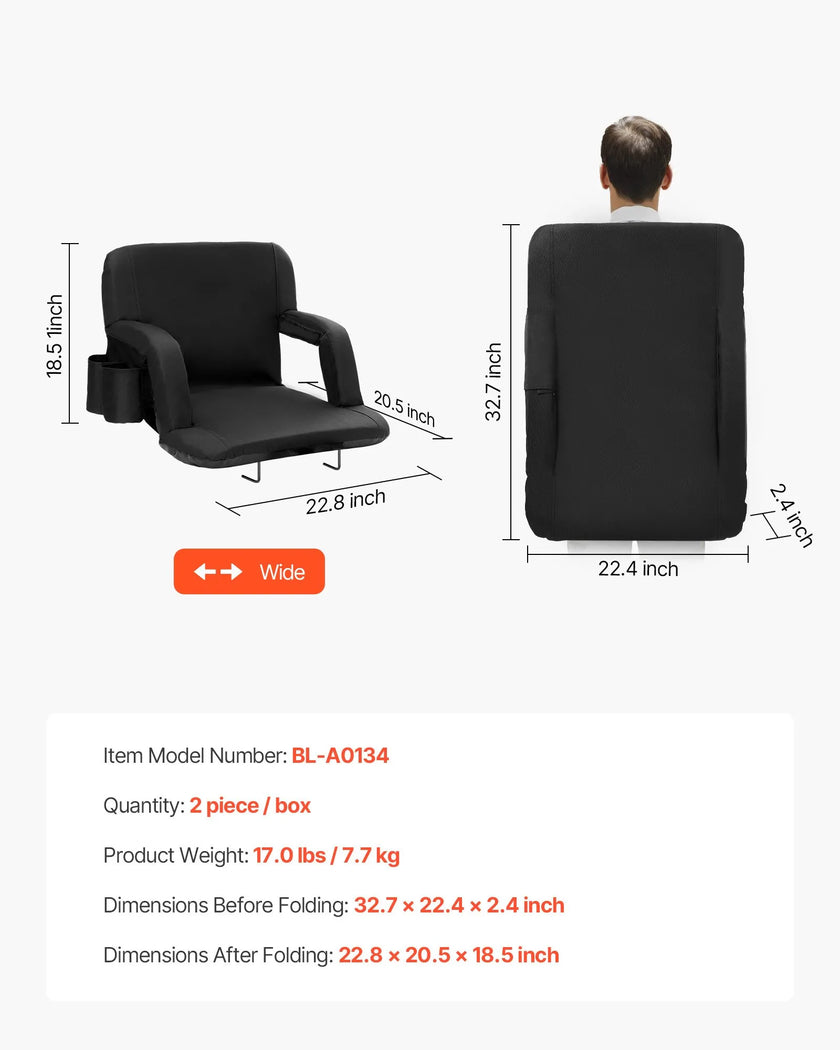 VEVOR Stadium Seat with Back Support, Wide Bleacher Seat Backs, Folding Padded Cushion Stadium Chair, Portable Reclining Chairs with Hook Pocket Cupholder, Ideal for Sport Event Beach Concert (2 Set)