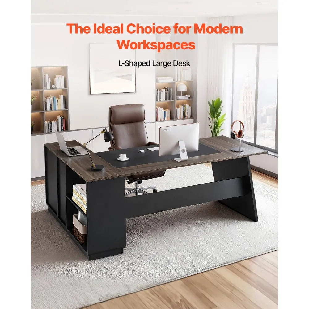 L Shaped Executive Office Desk with Drawers Storage Cabinet Heavy Duty Modern Computer Workstation Brown Black