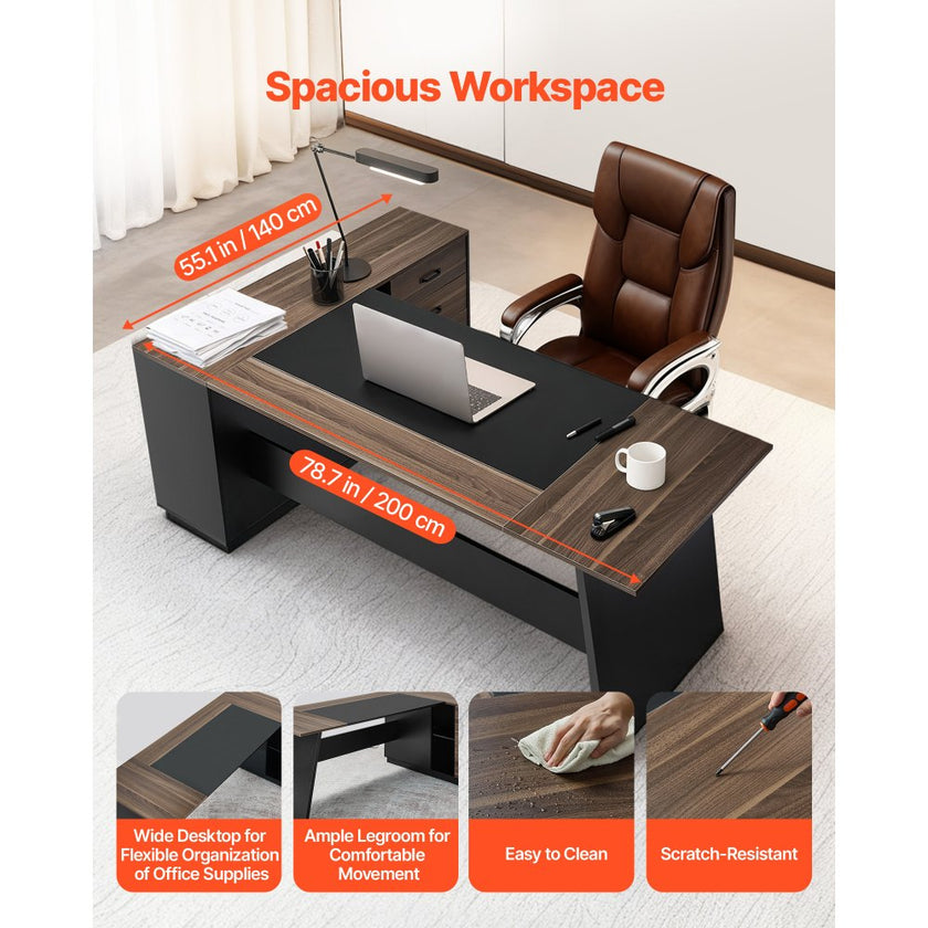 L Shaped Executive Office Desk with Drawers Storage Cabinet Heavy Duty Modern Computer Workstation Brown Black