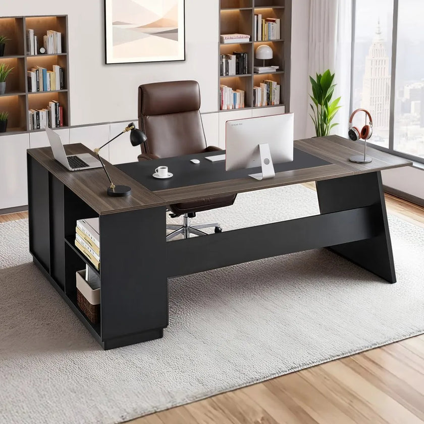 L Shaped Executive Office Desk with Drawers Storage Cabinet Heavy Duty Modern Computer Workstation Brown Black