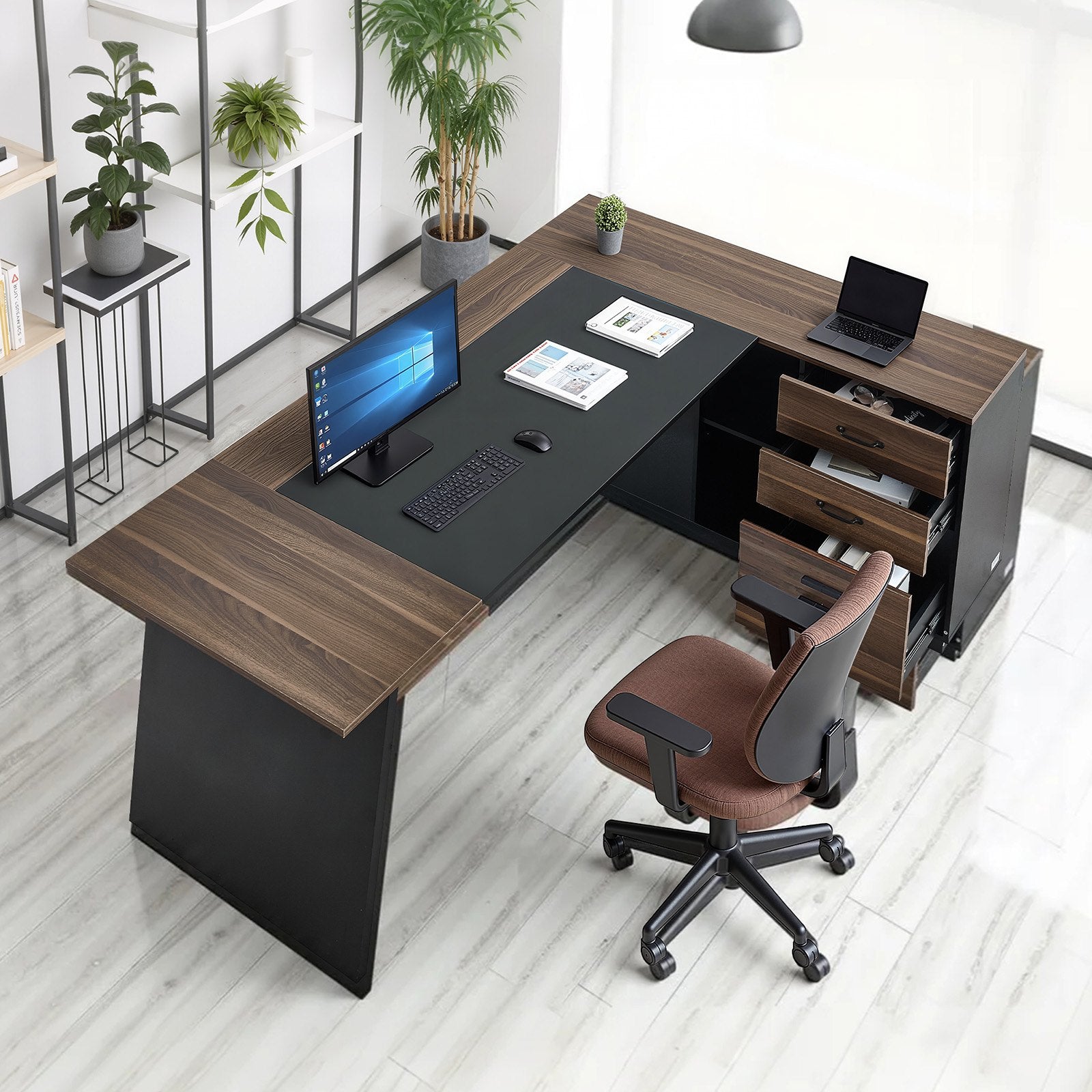 L Shaped Executive Office Desk with Drawers Storage Cabinet Heavy Duty Modern Computer Workstation Brown Black