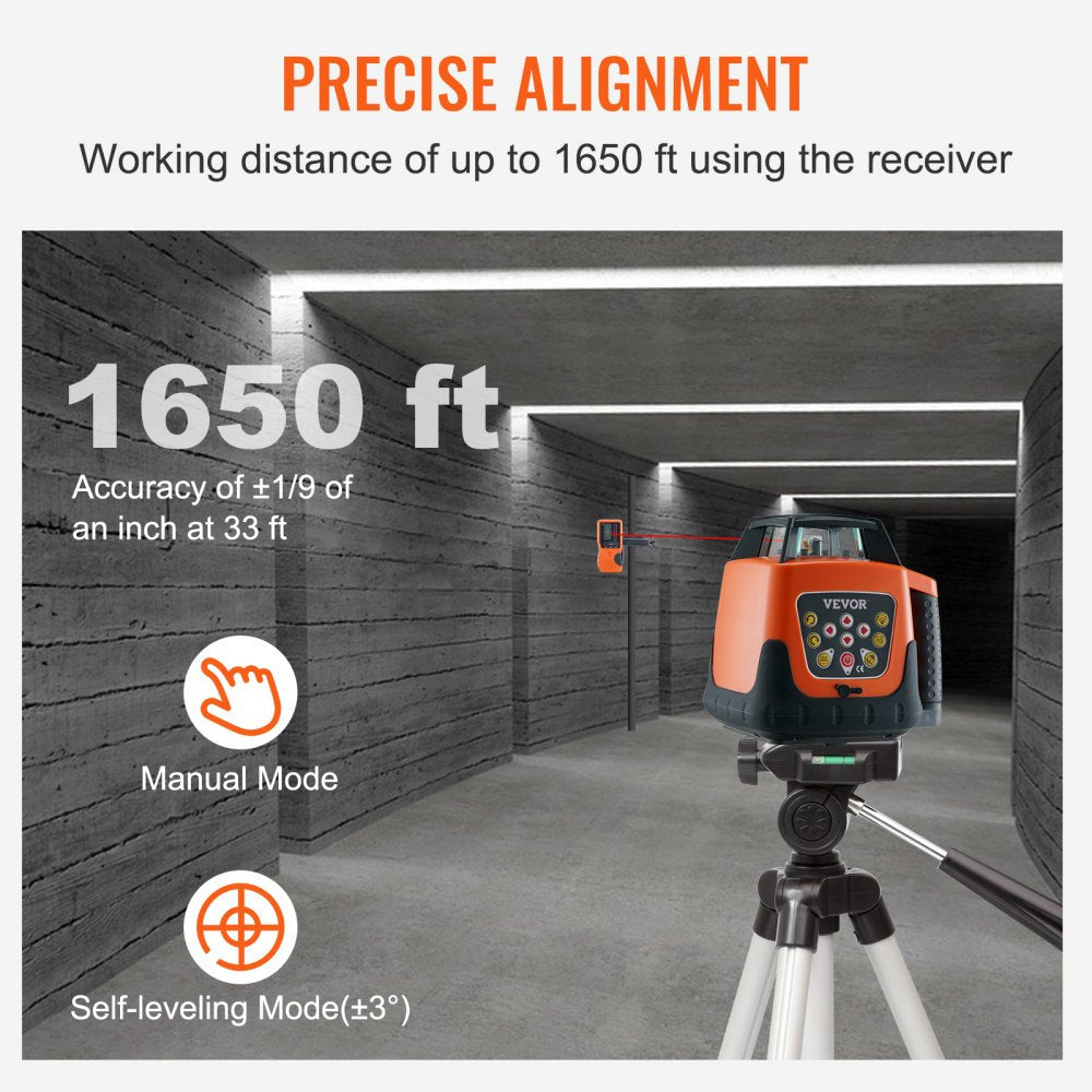 VEVOR Laser Level, 1650ft, 360 Degree Self Leveling Red Cross Line Laser, 5 Rotation Speeds & 4 Scanning Angles Adjustment, IP66 Waterproof Remote Control Manual Self-leveling Mode, Battery Included