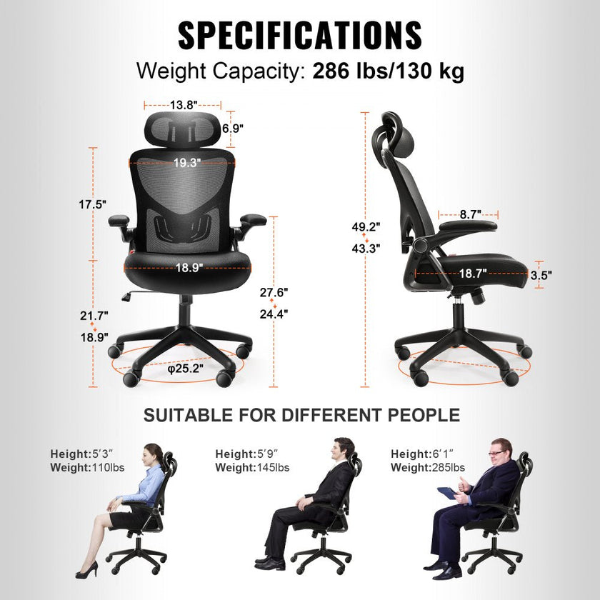 VEVOR Office Chair with Adjustable Lumbar Support, High Back Ergonomic Desk Chair with Adjustable Headrest, 2D Armrest, Ergonomic Office Chair Backrest, Computer Chair for Home Office