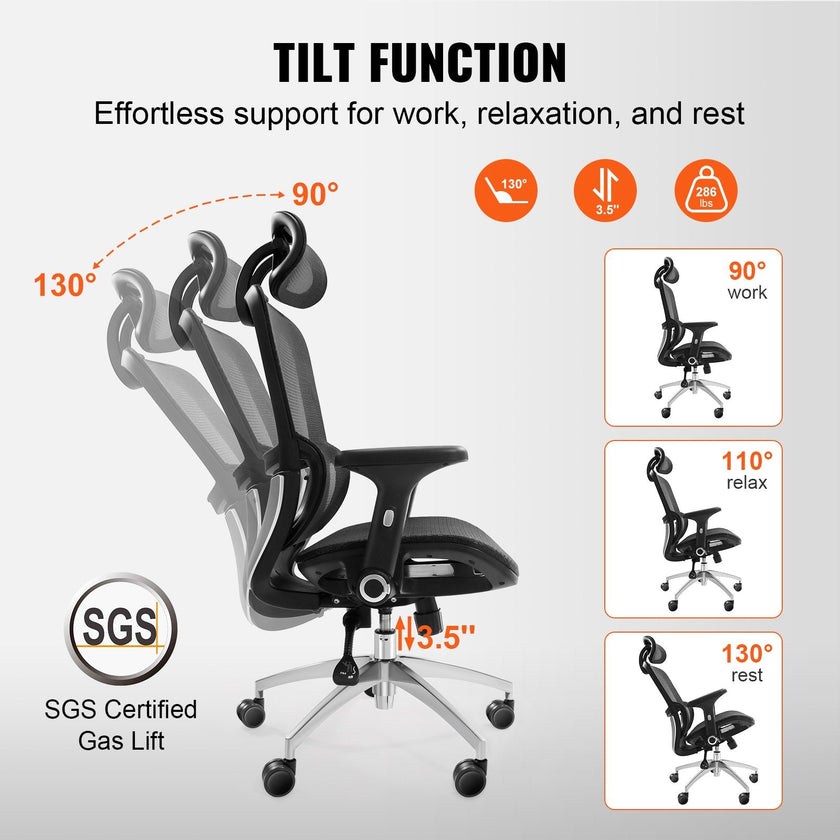 VEVOR Mesh Office Chair, Adjustable High Back Desk Chair with Mesh Seat, Angle and Height Adjustable Home Office Chair with Lumbar and Head Support, Swivel Computer Task Chair