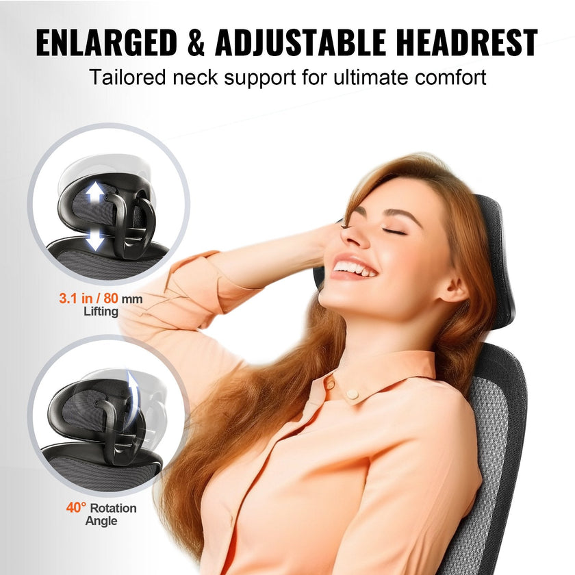 VEVOR Mesh Office Chair, Adjustable High Back Desk Chair with Mesh Seat, Angle and Height Adjustable Home Office Chair with Lumbar and Head Support, Swivel Computer Task Chair