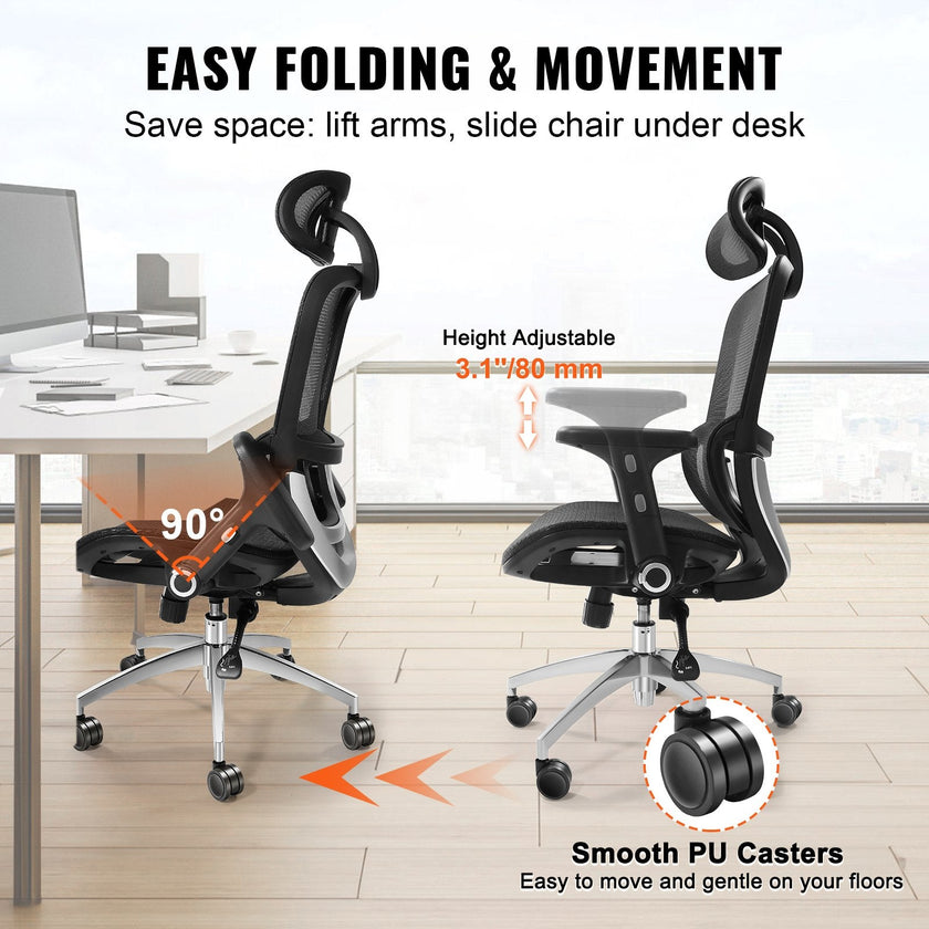 VEVOR Mesh Office Chair, Adjustable High Back Desk Chair with Mesh Seat, Angle and Height Adjustable Home Office Chair with Lumbar and Head Support, Swivel Computer Task Chair