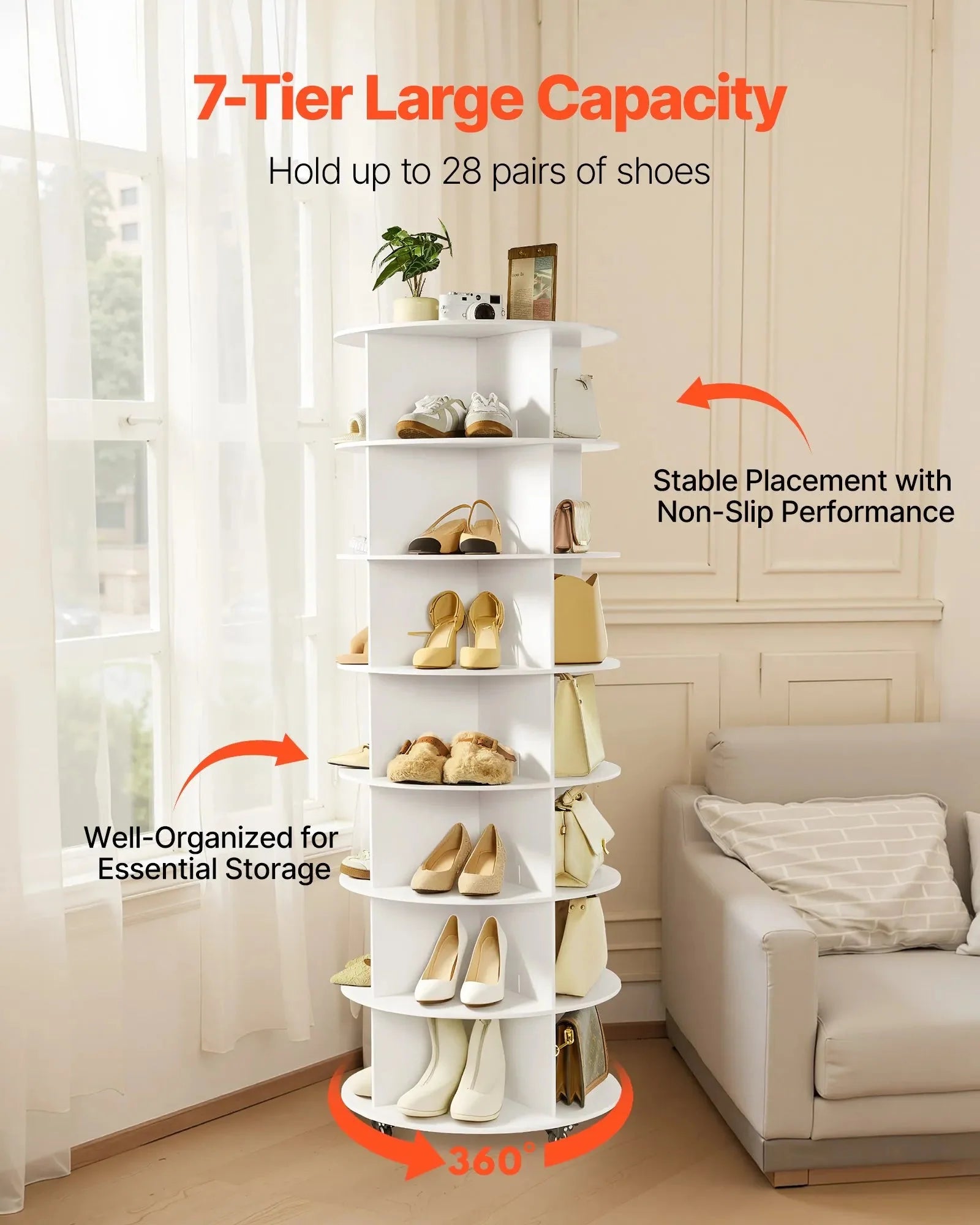 VEVOR 7 Tiers Rotating Shoe Rack Tower with Wheels, Movable 360° Spinning Carousel Display, Lazy Susan Organizer Closet Shelf for Living Room, Entryway, White