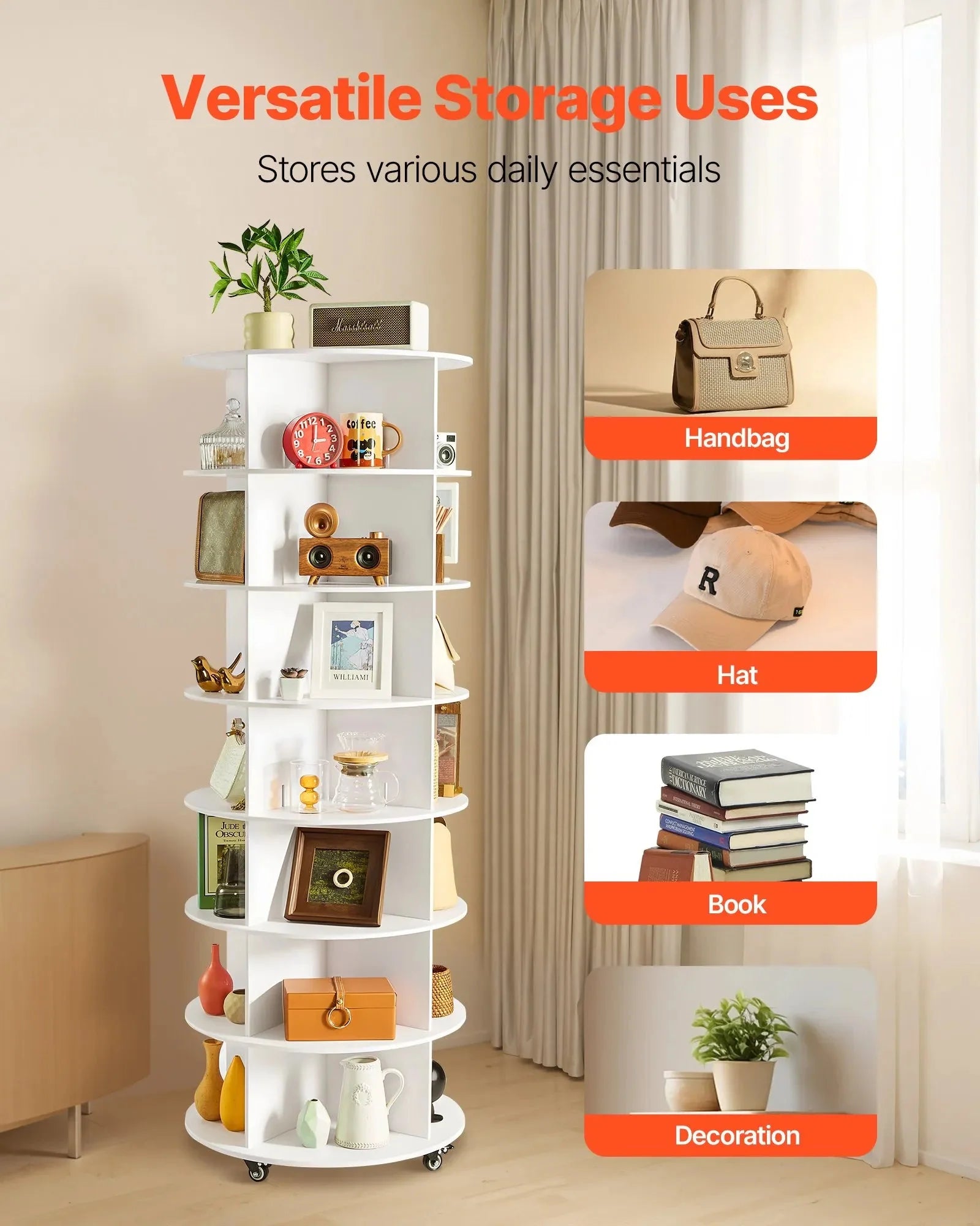 VEVOR 7 Tiers Rotating Shoe Rack Tower with Wheels, Movable 360° Spinning Carousel Display, Lazy Susan Organizer Closet Shelf for Living Room, Entryway, White