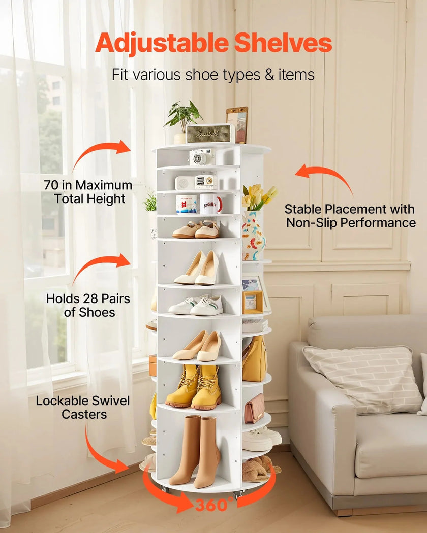 VEVOR 7 Tier Rotating Shoe Rack Tower with Adjustable Shelves, Movable 360° Spinning Carousel Display with Wheels, Lazy Susan Organizer Closet for Bedroom, Living Room, Entryway, Closet, White