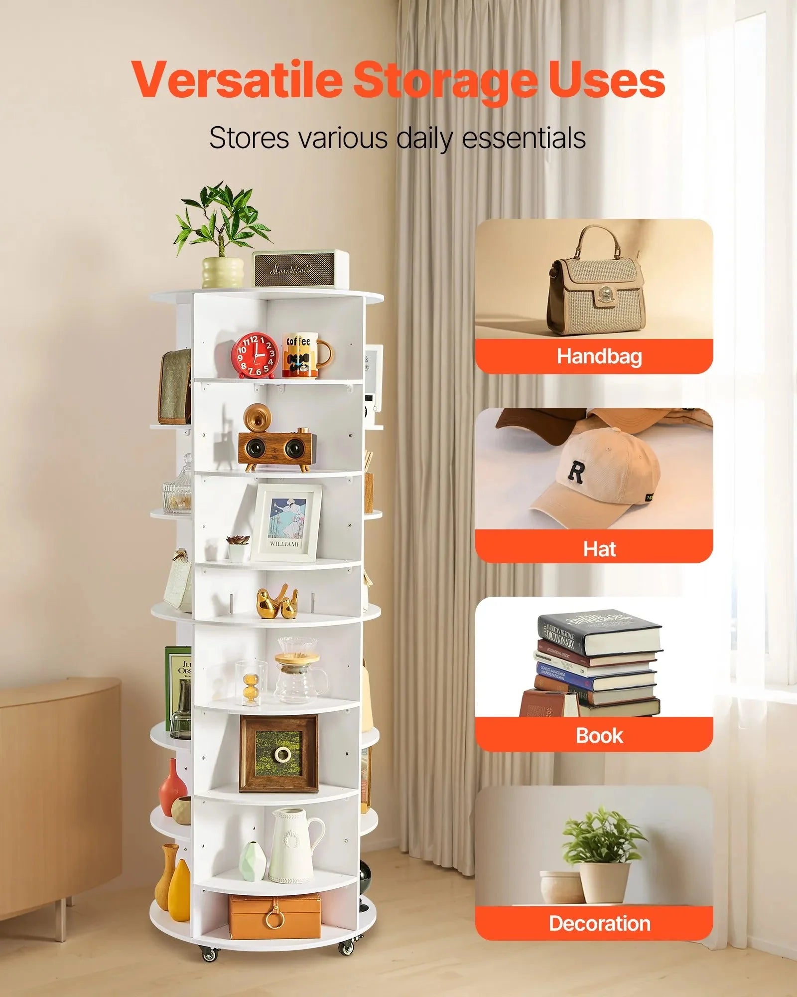 VEVOR 7 Tier Rotating Shoe Rack Tower with Adjustable Shelves, Movable 360° Spinning Carousel Display with Wheels, Lazy Susan Organizer Closet for Bedroom, Living Room, Entryway, Closet, White