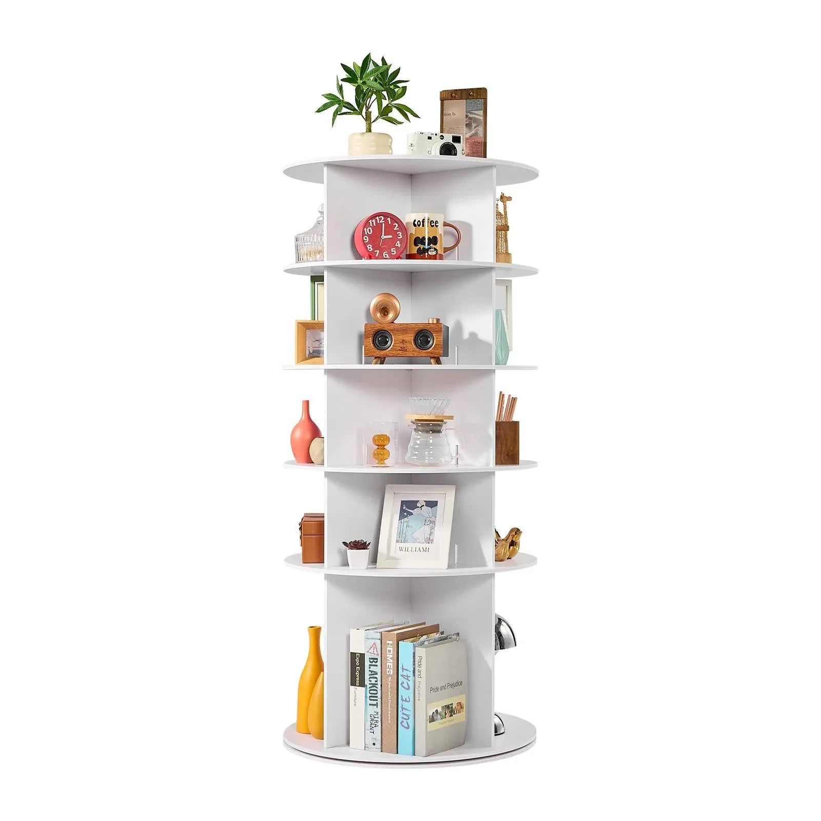 VEVOR 5 Tiers Rotating Shoe Rack Tower, 360° Spinning Shoe Rack, Revolving Storage Round Carousel Display, Freestanding Lazy Susan Organizer Display for Bedroom, Living Room, Entryway, Closet, White