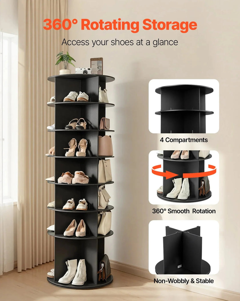 VEVOR 7 Tiers Rotating Shoe Rack Tower, 360° Spinning Shoe Rack, Revolving Storage Round Carousel Display, Freestanding Lazy Susan Organizer Display for Bedroom, Living Room, Entryway, Closet, Black