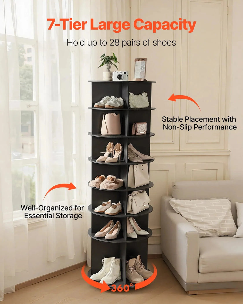 VEVOR 7 Tiers Rotating Shoe Rack Tower, 360° Spinning Shoe Rack, Revolving Storage Round Carousel Display, Freestanding Lazy Susan Organizer Display for Bedroom, Living Room, Entryway, Closet, Black