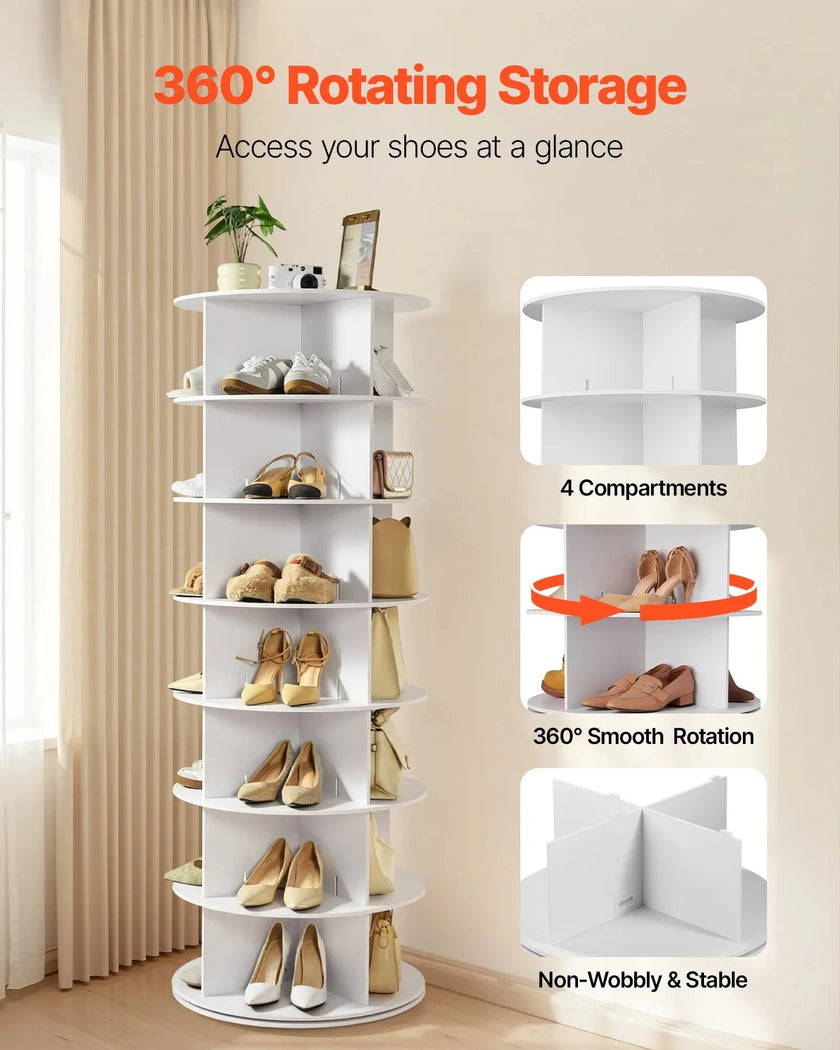 VEVOR 7 Tiers Rotating Shoe Rack Tower, 360° Spinning Shoe Rack, Revolving Storage Round Carousel Display, Freestanding Lazy Susan Organizer Display for Bedroom, Living Room, Entryway, Closet, White