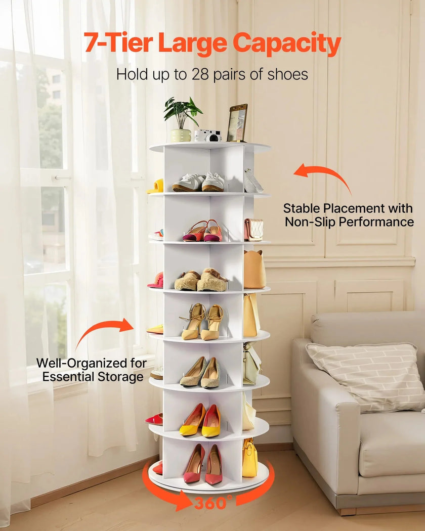 VEVOR 7 Tiers Rotating Shoe Rack Tower, 360° Spinning Shoe Rack, Revolving Storage Round Carousel Display, Freestanding Lazy Susan Organizer Display for Bedroom, Living Room, Entryway, Closet, White