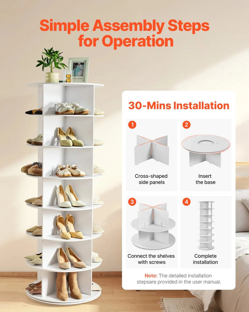 VEVOR 7 Tiers Rotating Shoe Rack Tower, 360° Spinning Shoe Rack, Revolving Storage Round Carousel Display, Freestanding Lazy Susan Organizer Display for Bedroom, Living Room, Entryway, Closet, White