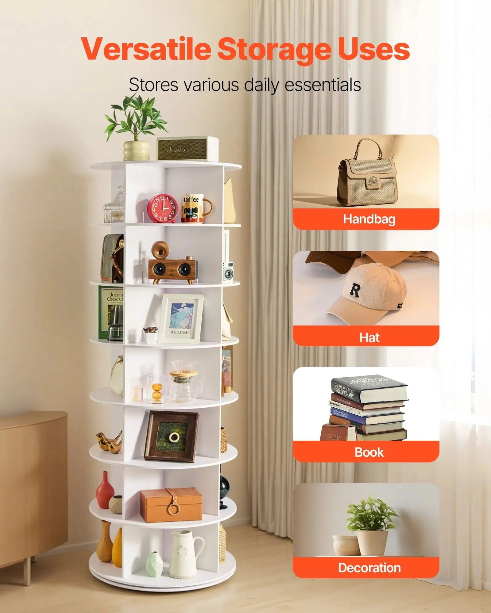 VEVOR 7 Tiers Rotating Shoe Rack Tower, 360° Spinning Shoe Rack, Revolving Storage Round Carousel Display, Freestanding Lazy Susan Organizer Display for Bedroom, Living Room, Entryway, Closet, White