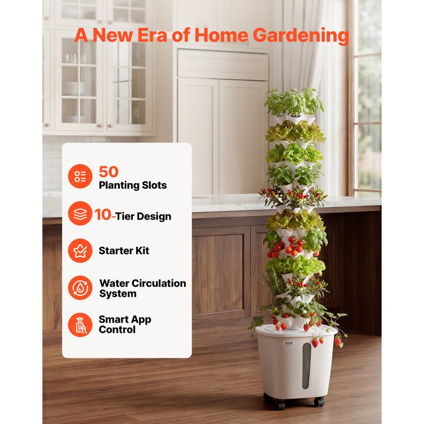 50-Pod Hydroponic Tower Garden with App Control, 10 Tiers & 20L Water Tank