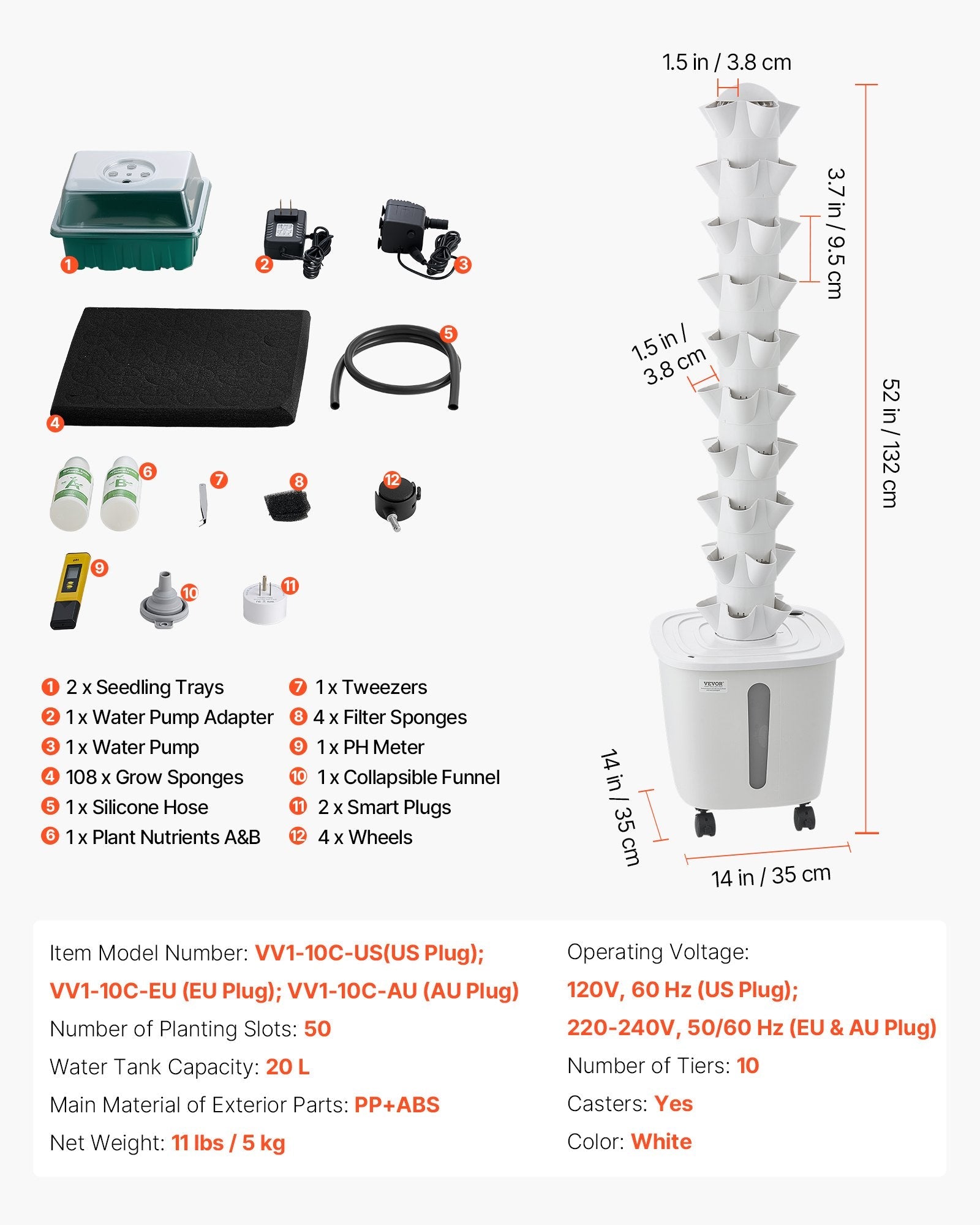 50-Pod Hydroponic Tower Garden with App Control, 10 Tiers & 20L Water Tank
