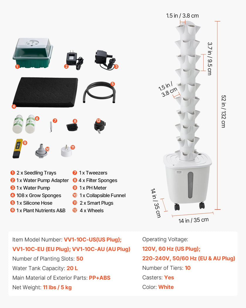 50-Pod Hydroponic Tower Garden with App Control, 10 Tiers & 20L Water Tank