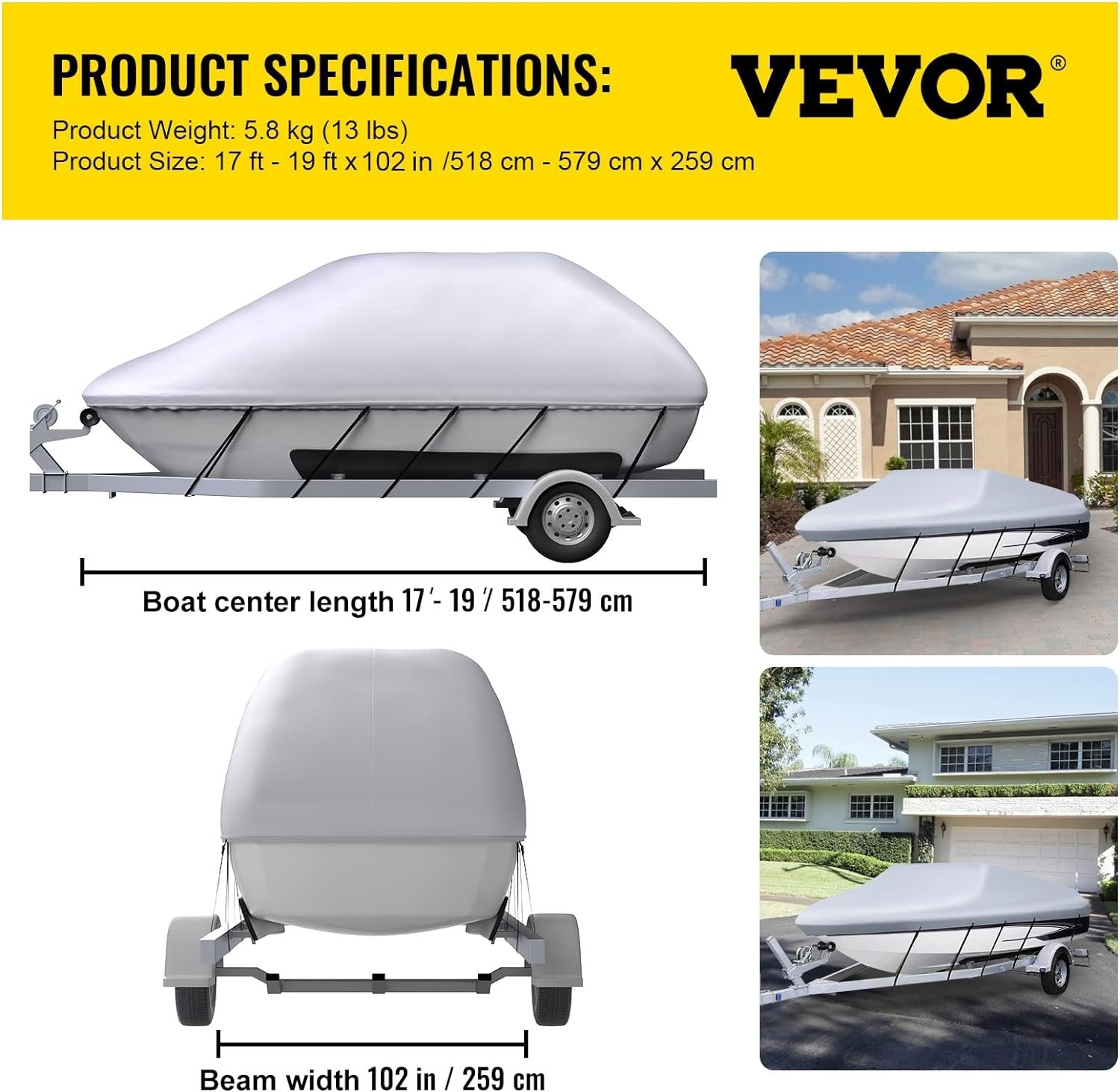 VEVOR Waterproof Boat Cover, 17'-19' Trailerable Boat Cover, Beam Width up to 102