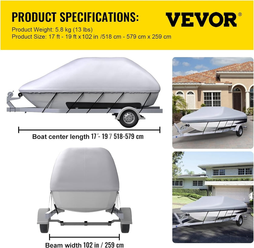 VEVOR Waterproof Boat Cover, 17'-19' Trailerable Boat Cover, Beam Width up to 102